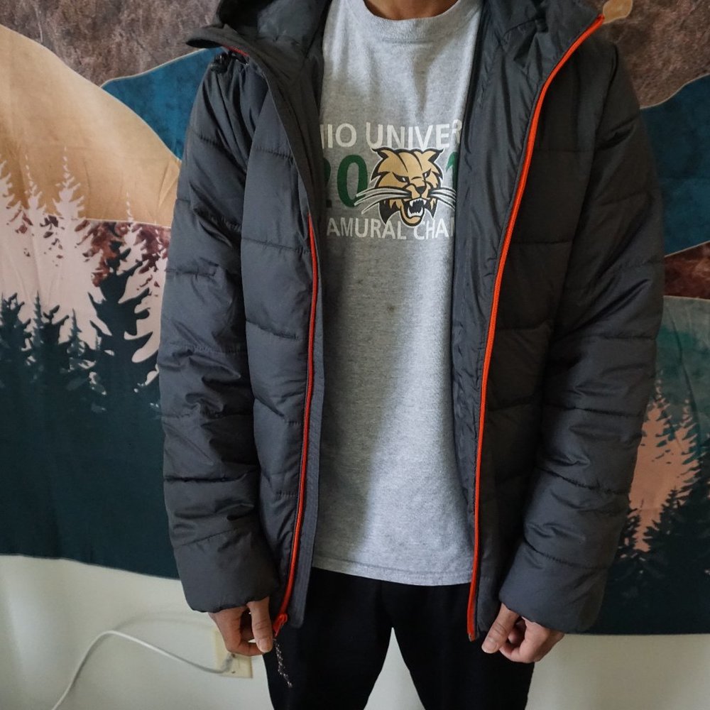 Hollister Gray Puffer Jacket with Orange Accents